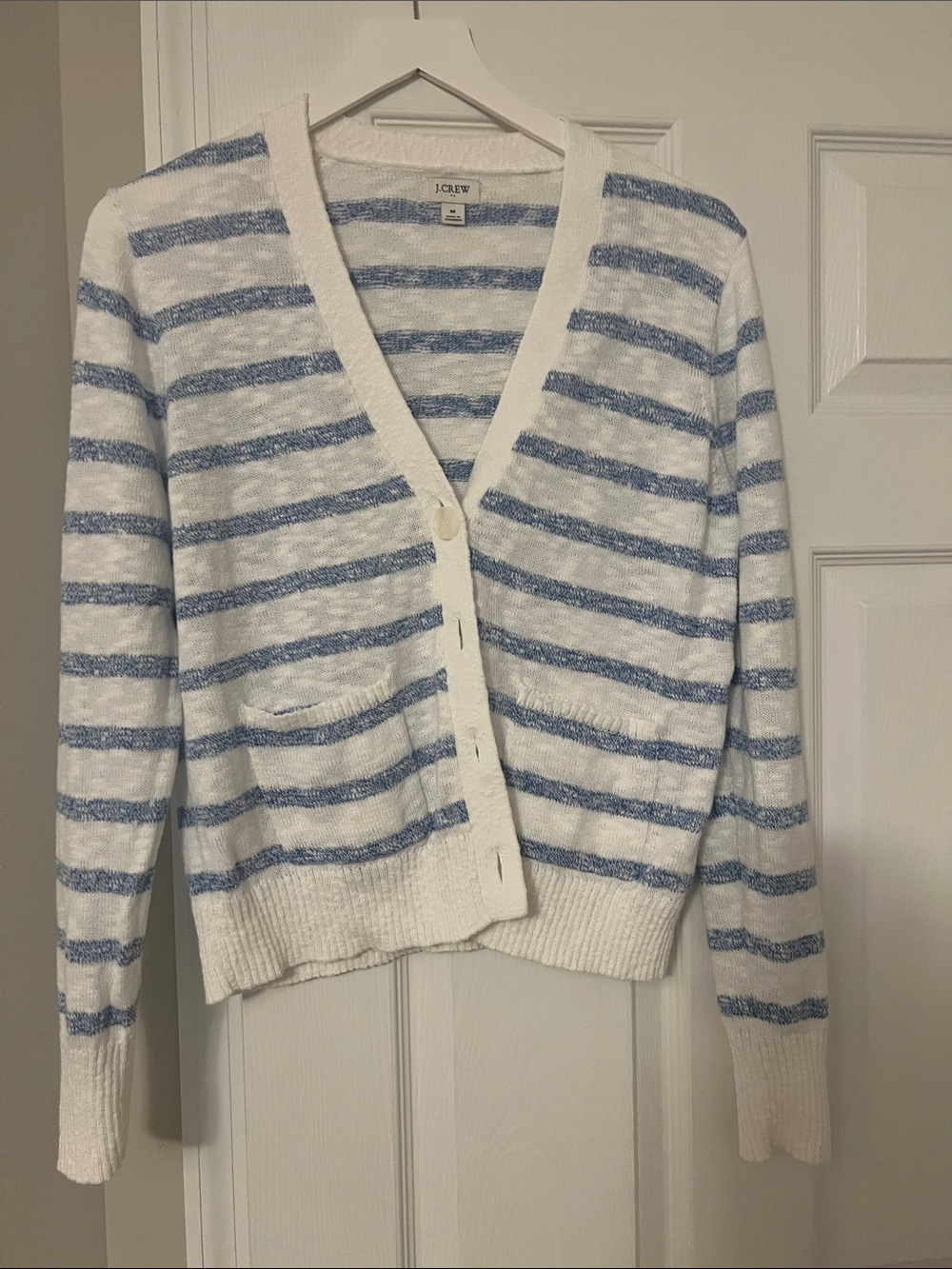 J. Crew White and Blue Striped V-Neck Button Cardigan